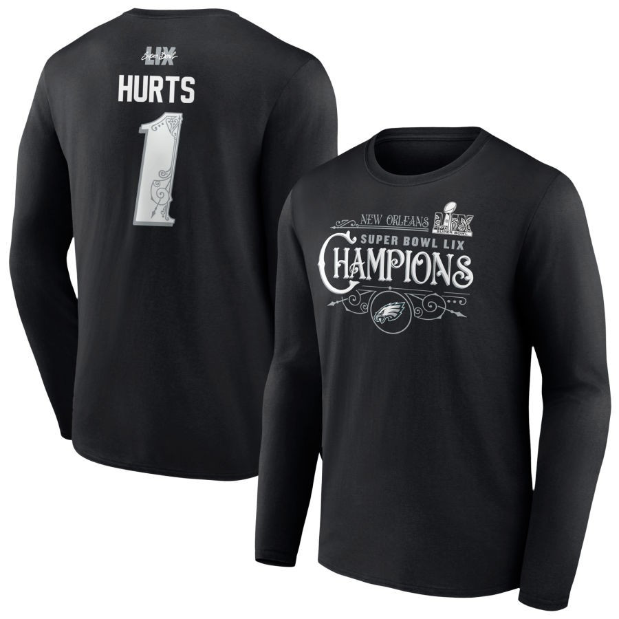 Jalen Hurts 1 Philadelphia Eagles  LIX Champions Long Sleeve T-Shirt - Black