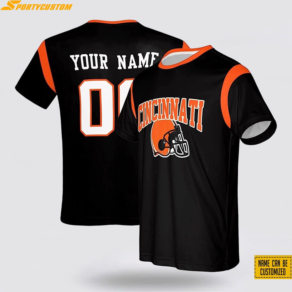 Cincinnati Bengals Helmet Custom Name & Number All Over Printed T-Shirt - Black