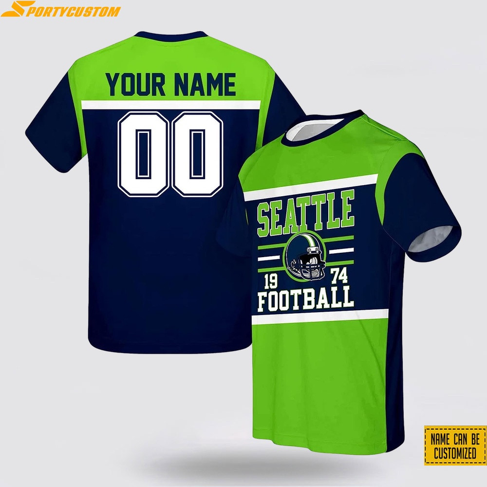 Seattle Seahawks Helmet Football Custom Name & Number All Over Printed T-Shirt - Green/Navy