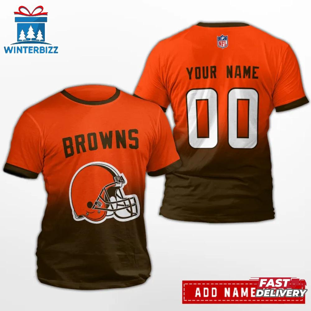 Cleveland Browns Custom Name & Number All Over Printed T-Shirt - Orange/Brown