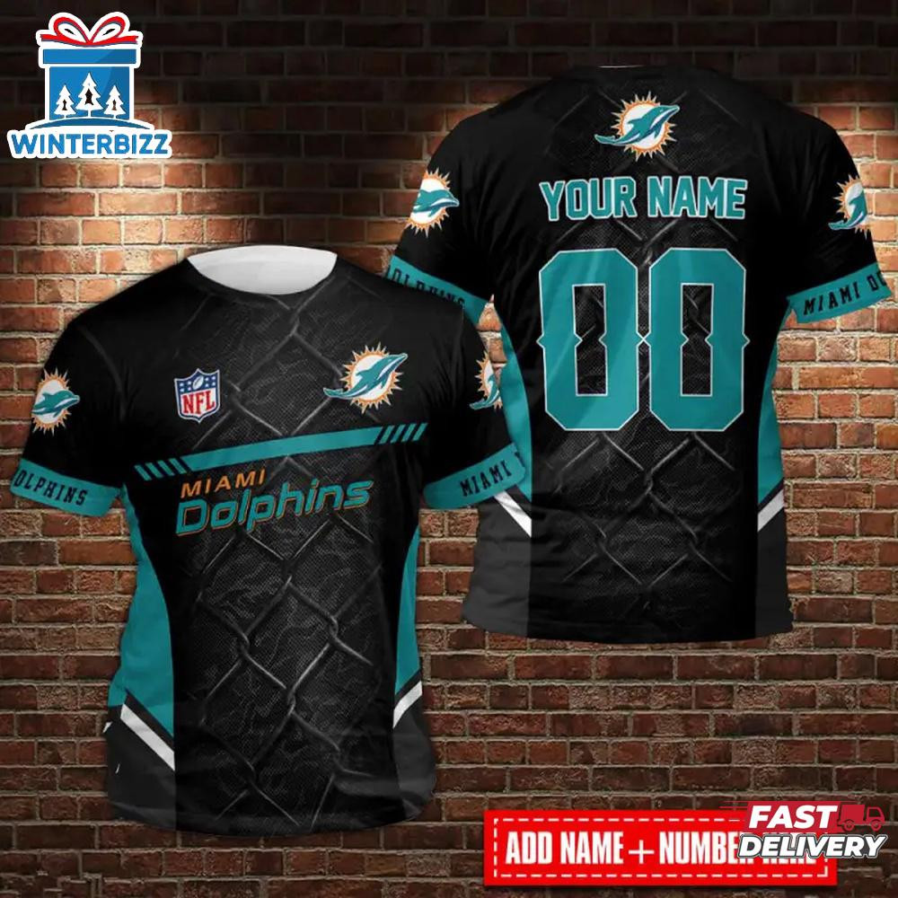 Miami Dolphins Custom Name & Number All Over Printed T-Shirt - Black