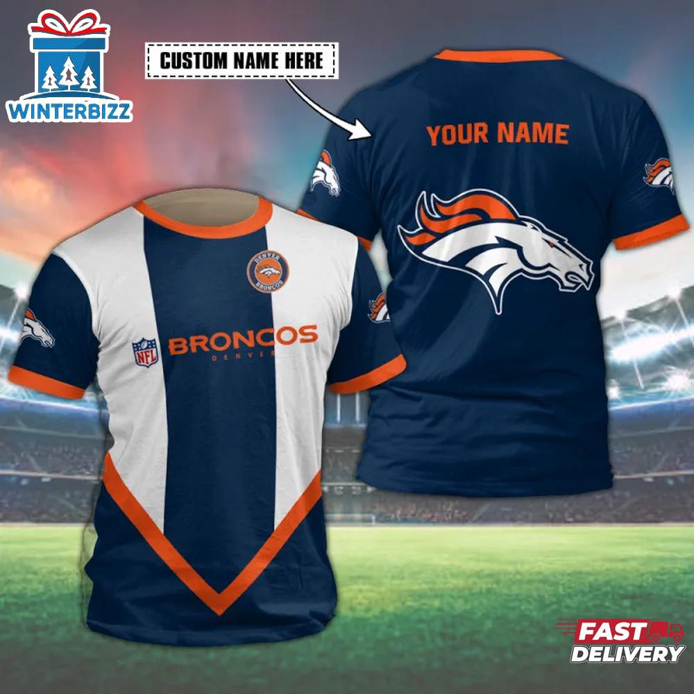 Denver Broncos Arrow Custom Name All Over Printed T-Shirt - White/Navy