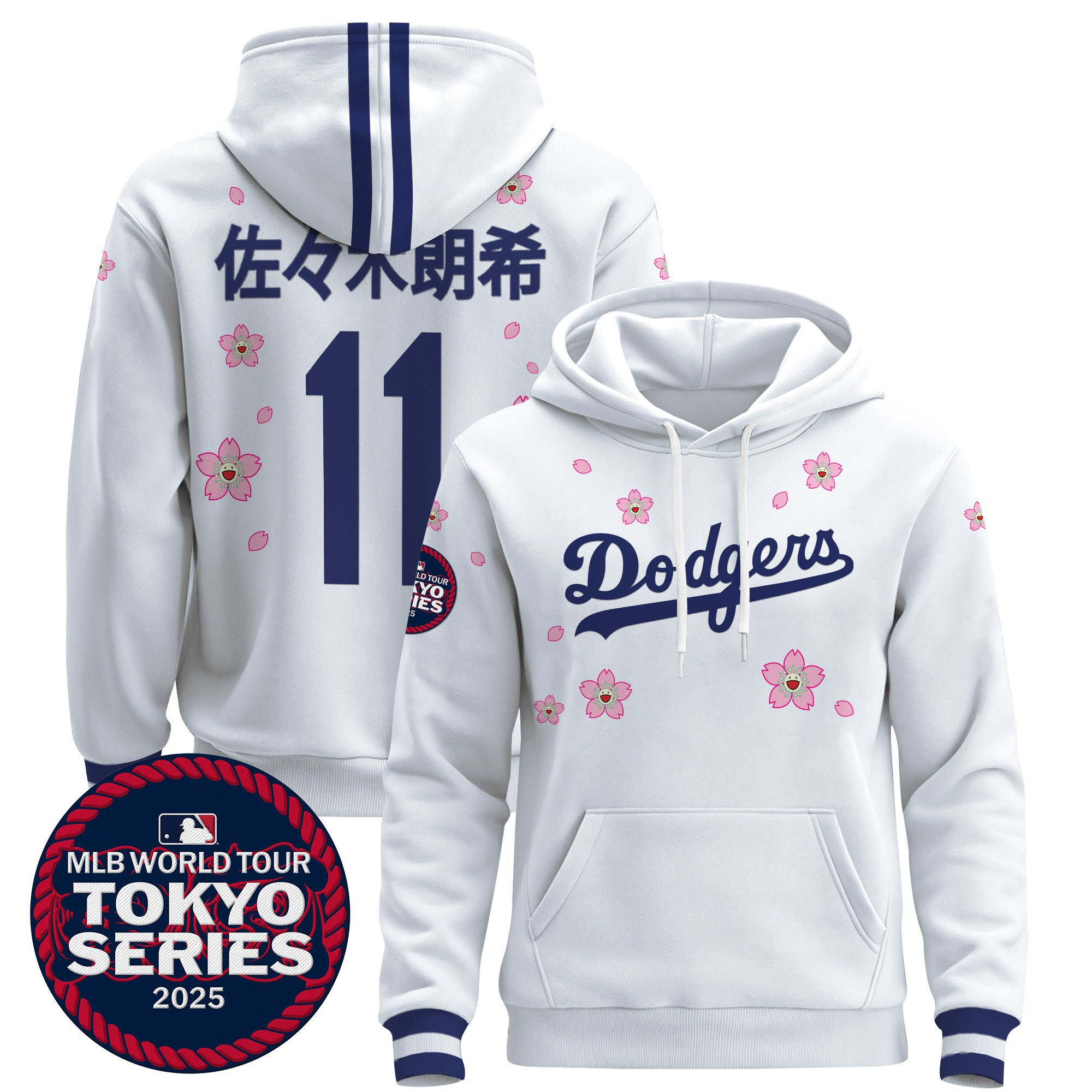 Roki Sasaki 11 Los Angeles Dodgers Tokyo Series 2025 Kanji 3D Printed Pullover Hoodie - White