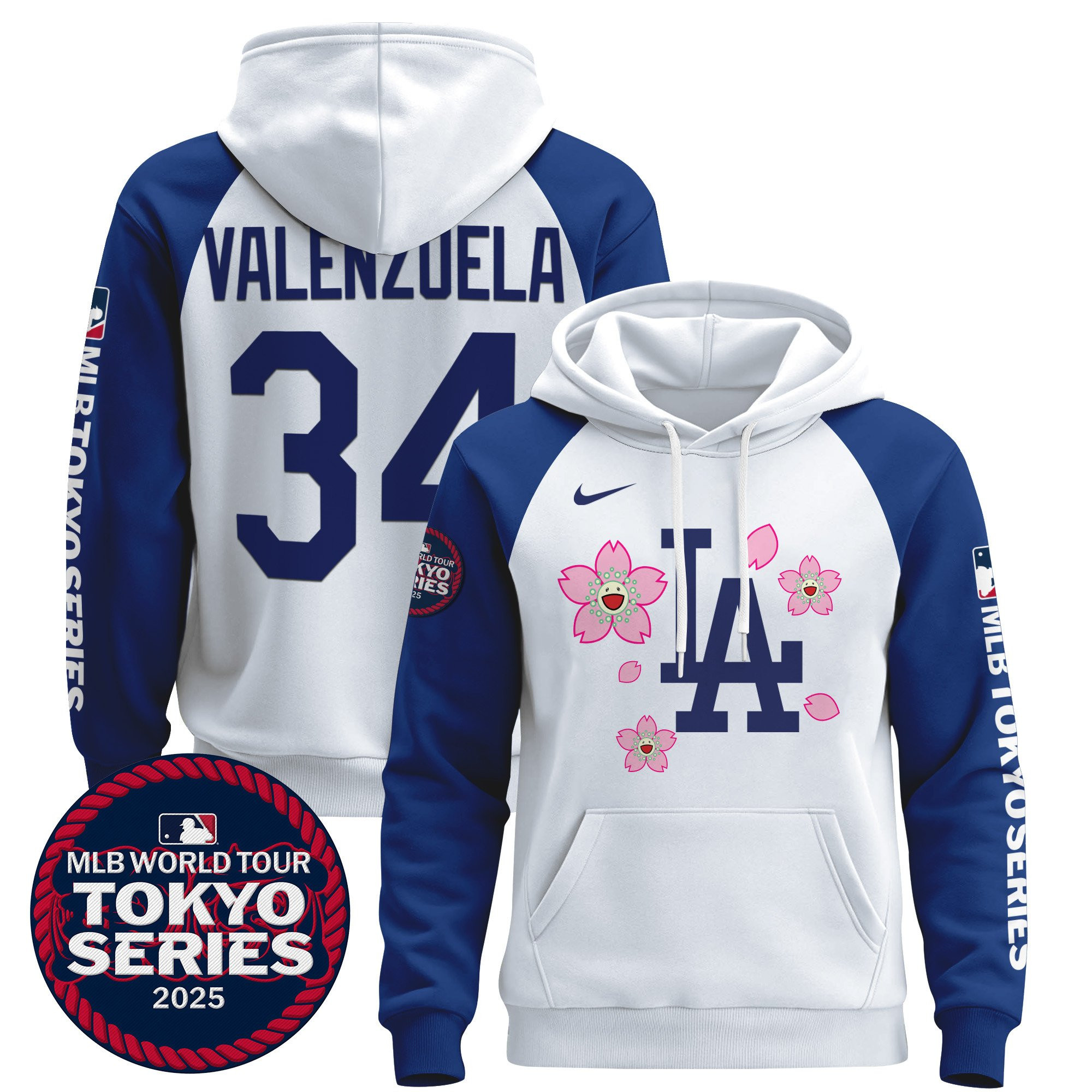Fernando Valenzuela 34 Los Angeles Dodgers Tokyo Series 2025 Cherry Blossom 3D Printed Pullover Hoodie - Royal/White