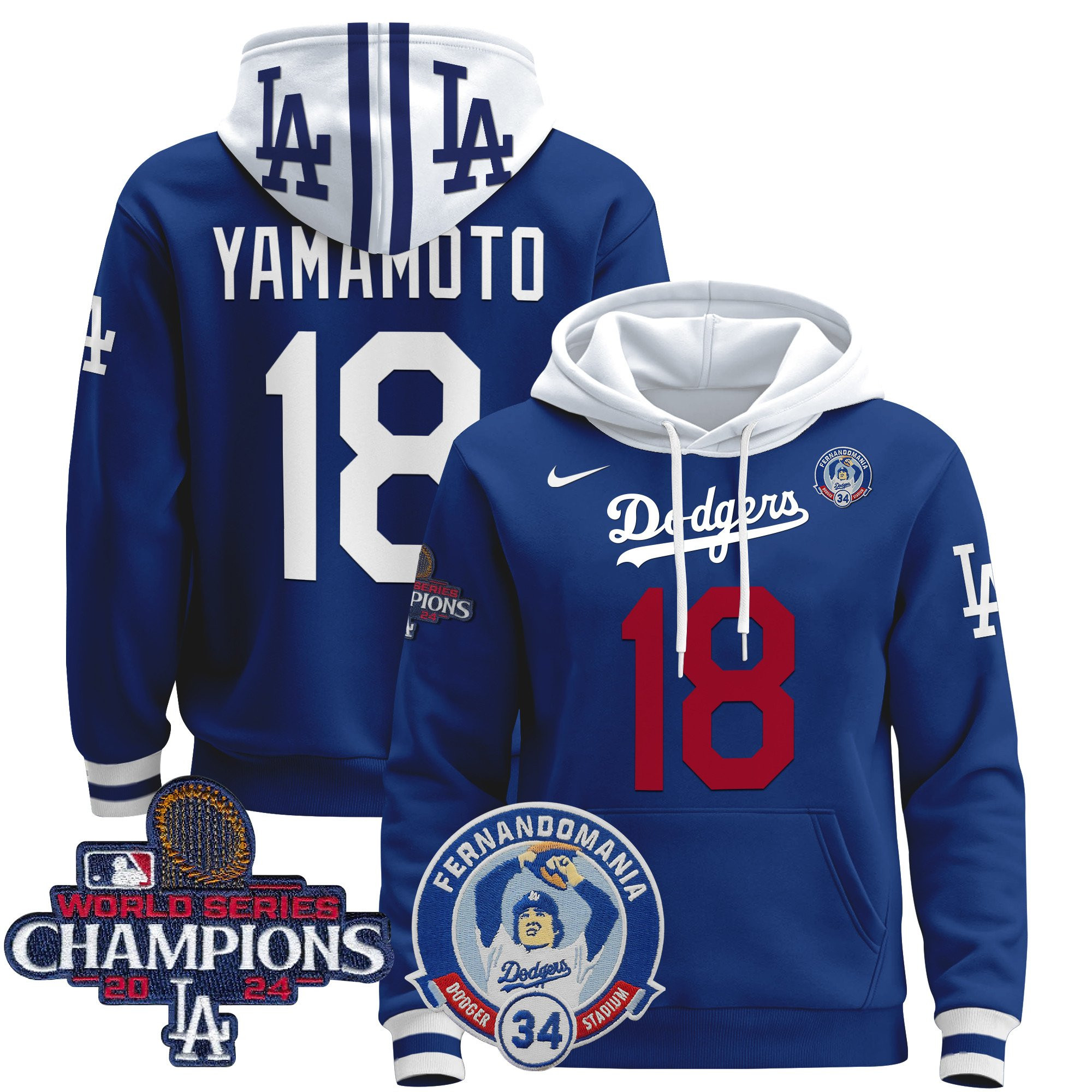 Yoshinobu Yamamoto 18 Los Angeles Dodgers Fernando & 2024 World Series Champions 3D Printed Pullover Hoodie - Royal