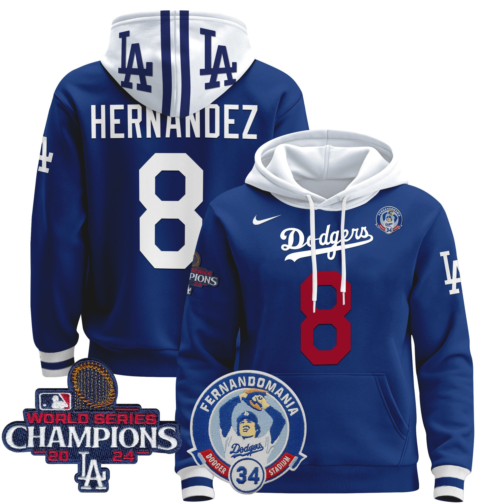 Kike Hernández 8 Los Angeles Dodgers Fernando & 2024 World Series Champions 3D Printed Pullover Hoodie - Royal