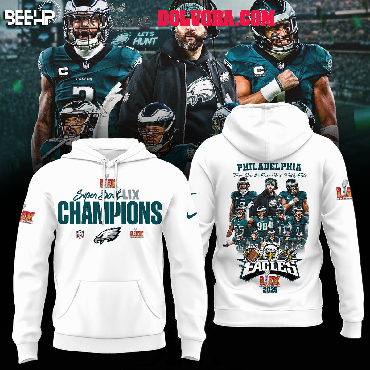 Philadelphia Eagles 2025 Take Over  LIX Champions Phills Style All Over Printed Hoodie - White