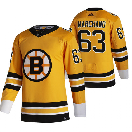 Boston Bruins #63 Brad Marchand Yellow Men's 2020-21 Reverse Retro Alternate NHL Jersey
