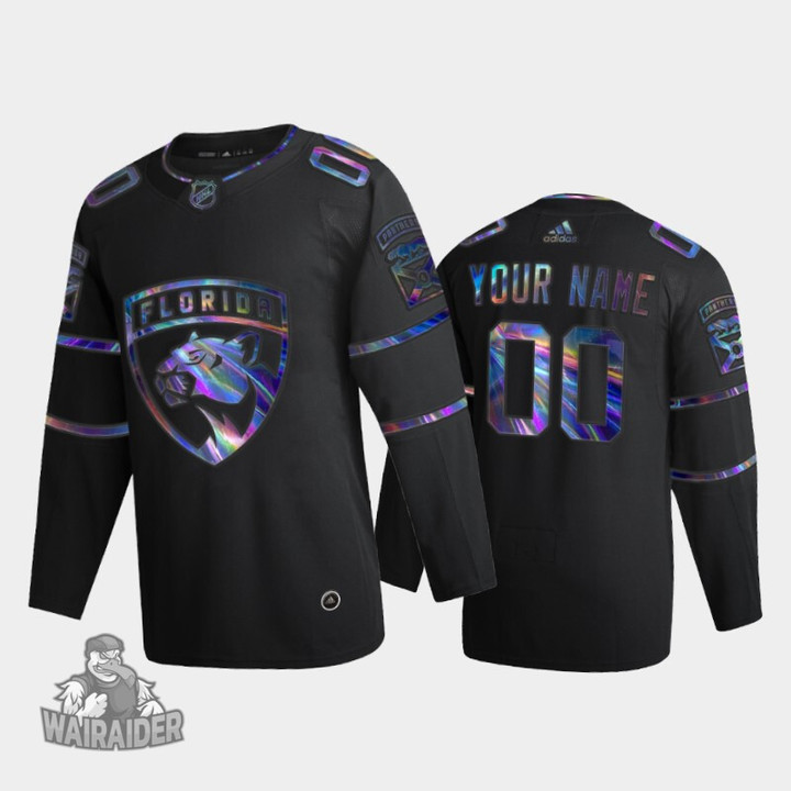 Florida Panthers Men's Custom #00 Iridescent Holographic Jersey, Black, NHL Jersey - Pocopato