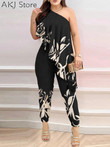 This discount is for you : Plants Print One Shoulder Asymmetrical Ruffles Jumpsuit