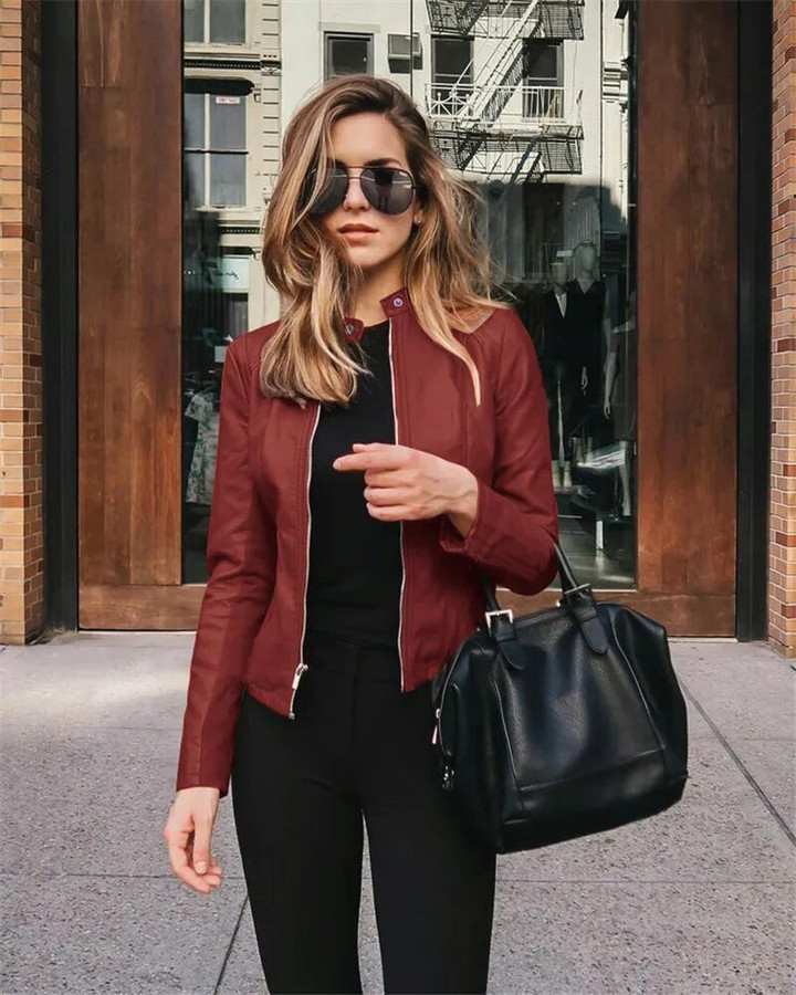 This discount is for you : Women Coats Motorcycle Pu Leather Jacket Female Zipper Business Outfit Ladies Tops Fashion Blazer Short Slim Solid Veste Femme