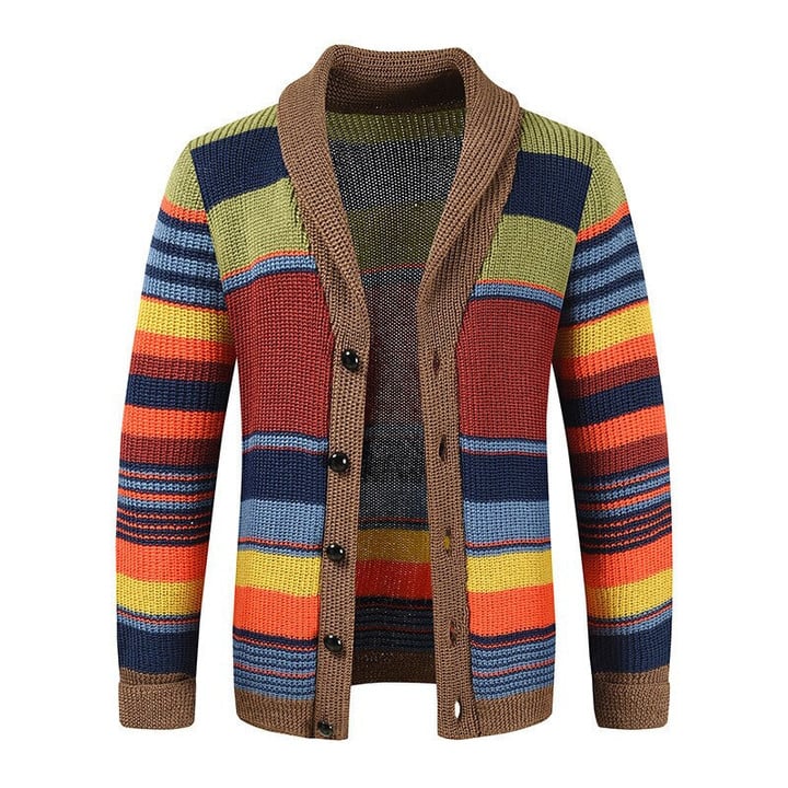 This is the discount for you : Men's Knitted Cardigan New Sweater Jacket Autumn And Winter Lapel Spell Color Knitted Sweater