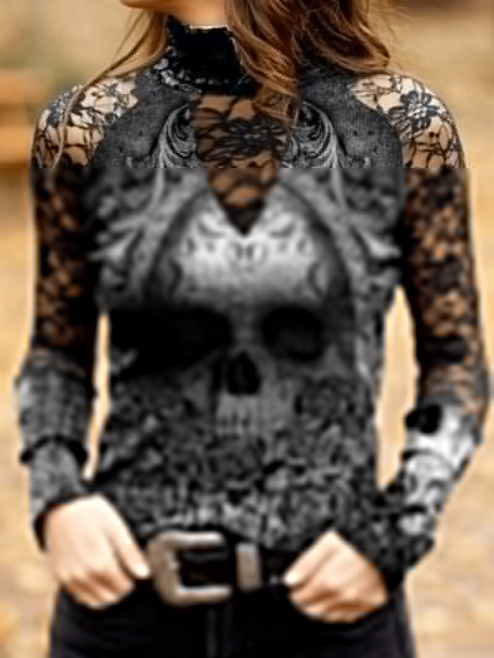 THIS IS A DISCOUNT FOR YOU : 2023 Women Fashion Summer Turtle Neck Skull & Flower Print T-shirt