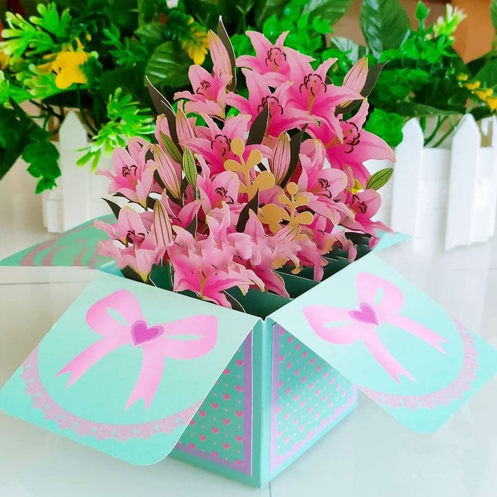 This discount is for you : 3D Pops-up Bouquet Forever Rose/Lily/Sunflower/Tulip Paper Flowers Tropical Bloom for Birthday Anniversary Wedding Greeting Card
