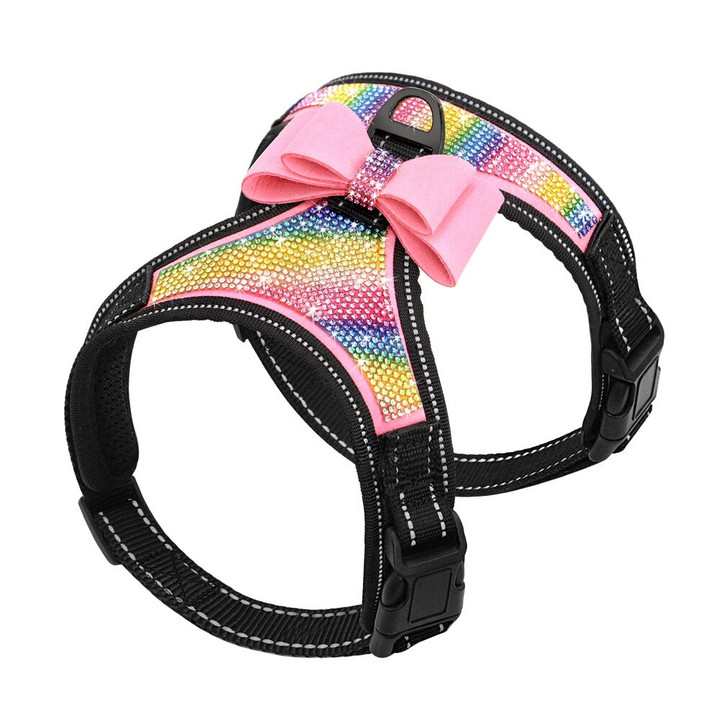This a discount for you : Reflective Dog Harness Nylon Pitbull Pug Small Medium Dogs Harnesses Vest Bling Rhinestone Bowknot Dog Accessories Pet Supplies
