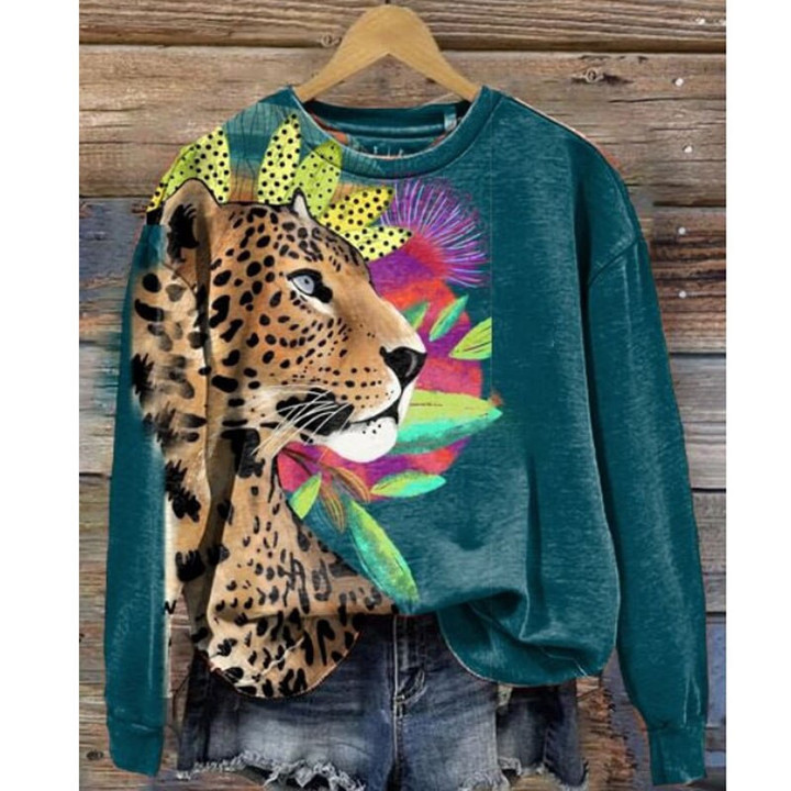 This discount is for you : Pink Cute Cheetah Leopard Print Round Neck Long Sleeve Sweatshirt