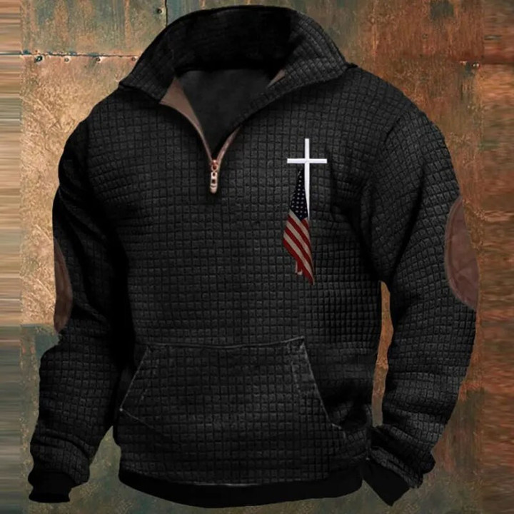 This discount is for you : Men's Zipper Lapel Collar Waffle Print Hoodie Men Casual Sweatshirt Hooded New Autumn Winter Man Long Sleeve Pocket Pullover Top