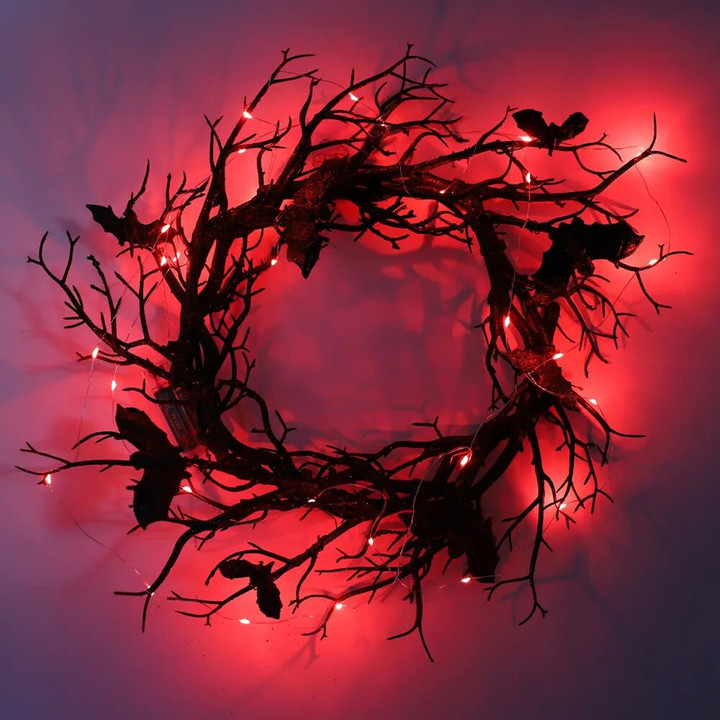 This discount is for you : Halloween Wreath Bat Black Branch Wreaths With Red LED Light 45CM Wreaths For Doors Window Flower Garland Halloween Decoration