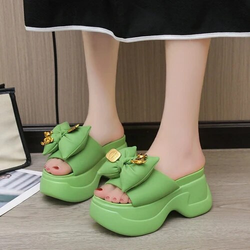 This discount is for you : Women Summer Solid Color Bowknot Square Toe Platform Slides