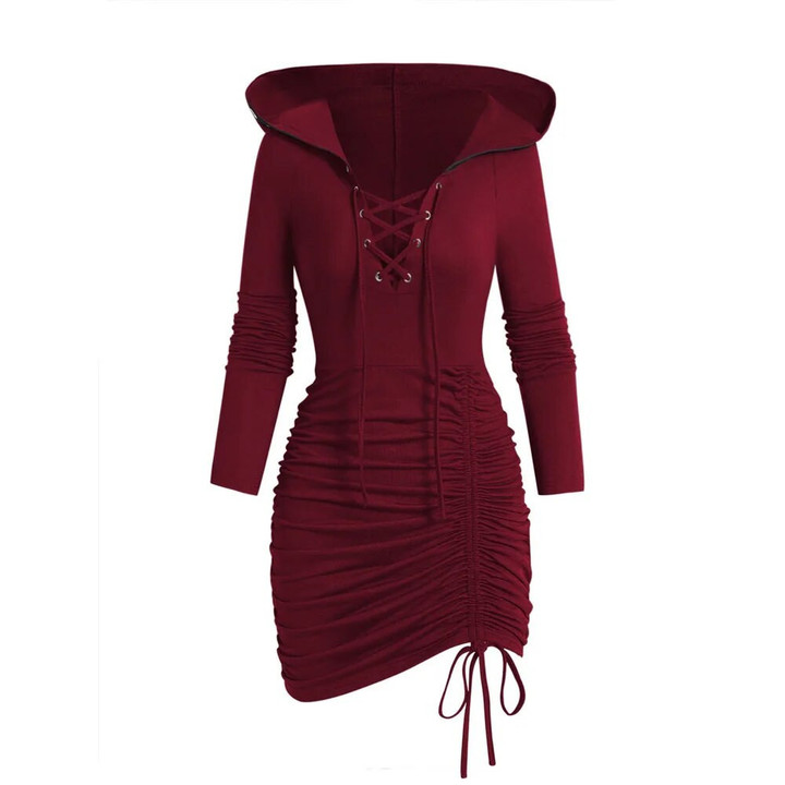 This discount is for you : Full Sleeve Lace Up Hooded Dress Sexy Mini Slim Robe Plain Color Cinched Ruched Bodycon Short Vestido Feminino