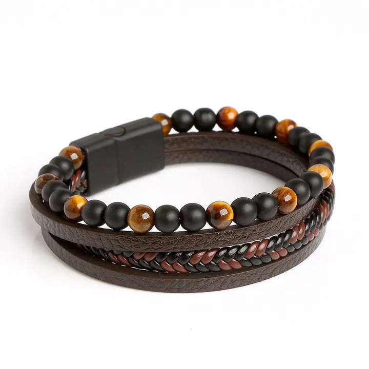 This is a discount for you : Men Leather Bracelet Classic Fashion Tiger Eye Beaded Multi Layer Leather Bracelet For Men