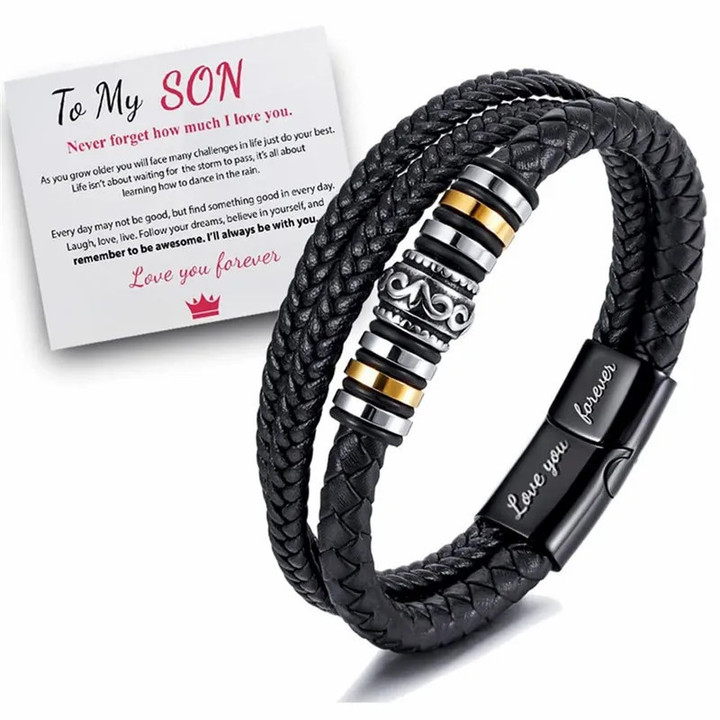 This is a discount for you : To My Son/To My Grandson Bracelet Braided Leather Bracelet With Card for Men Boys Magnetic Buckle Bracelet Inspirational Gifts