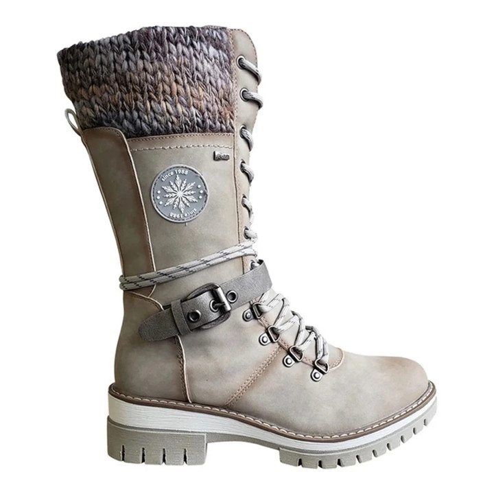 This is a discount for you : 2024 Women Winter Buckle Lace Knitted Mid-calf Boots Low Heel Round Toe Boots Top Quality Winter Warm Boots Women Botas De Mujer