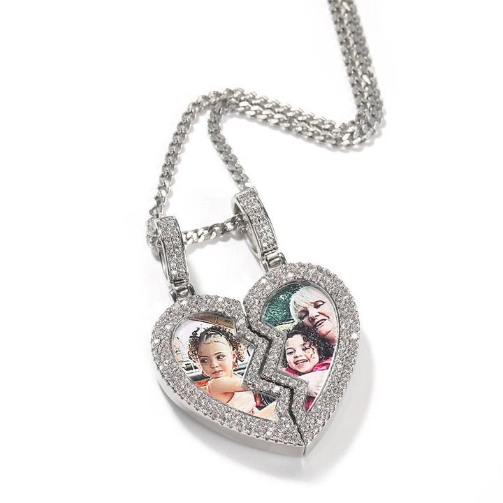 This is a discount for you : Uwin Two Half Heart Photo Custom Pendant Broken Heart Half Magnetic Memory Medal Necklace Iced Out CZ Fashion Jewelry For Women