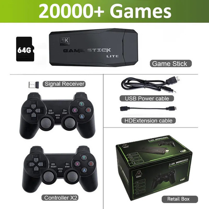 This is a discount for you : M8 4k HD Stick Video Game Console 10000 Games 9 Emulators Dual Wireless Controller TV Game Stick Retro Handheld Game Console