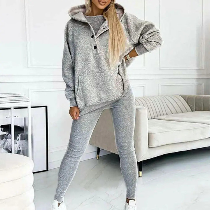 THIS IS A DISCOUNT FOR YOU - Women Hooded Suit Long-sleeve Pocket Pullove Top Women's 3-piece Hoodie Vest Pants Set Soft Thick Warm Sports Outfit