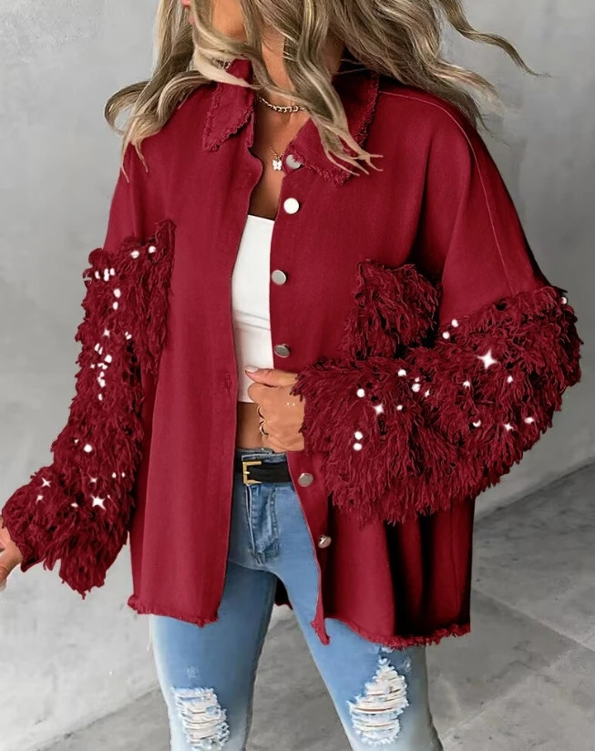 THIS IS A DISCOUNT FOR YOU - Contrast Sequin Tassel Design Fuzzy Patchwork Shacket