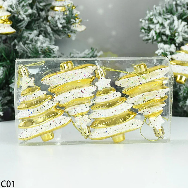 This is a discount for you : 4pcs/box Glitter Christmas Tree Pendant Plastic Xmas Tree Hanging Ornament New Year Navidad Merry Christmas Decoration Kids Gift