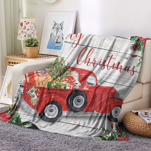 Merry Christmas Plush Fleece Blanket, Christmas Warm And Cozy Fleece Blanket, Christmas Truck Fleece Blanket, Gifts for Christmas