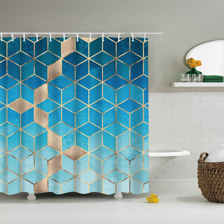Golden Blue Cube Shower Curtain Gradient Gemoetric