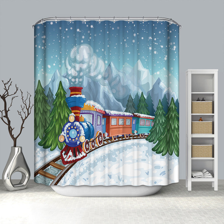 Snowy Day Colorful Christmas Train Shower Curtain