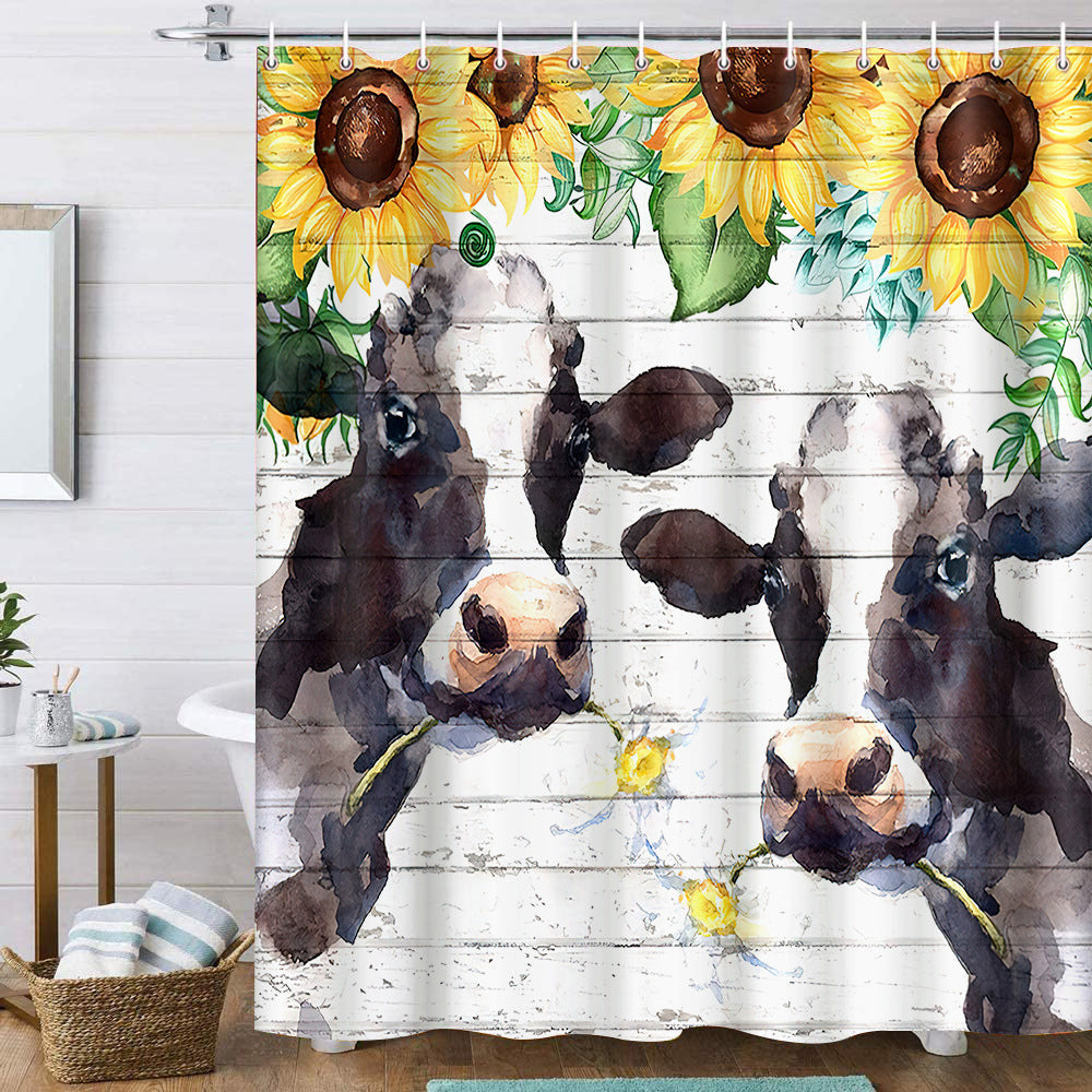 Watercolor Farmhouse Sunflowers with Cow Daisy Shower Curtain