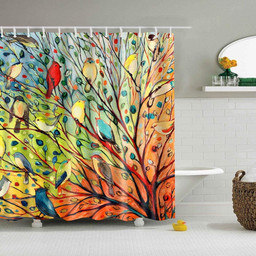 Green Blue Leaves Oil Painting Tree with Colorful Birds Shower Curtain