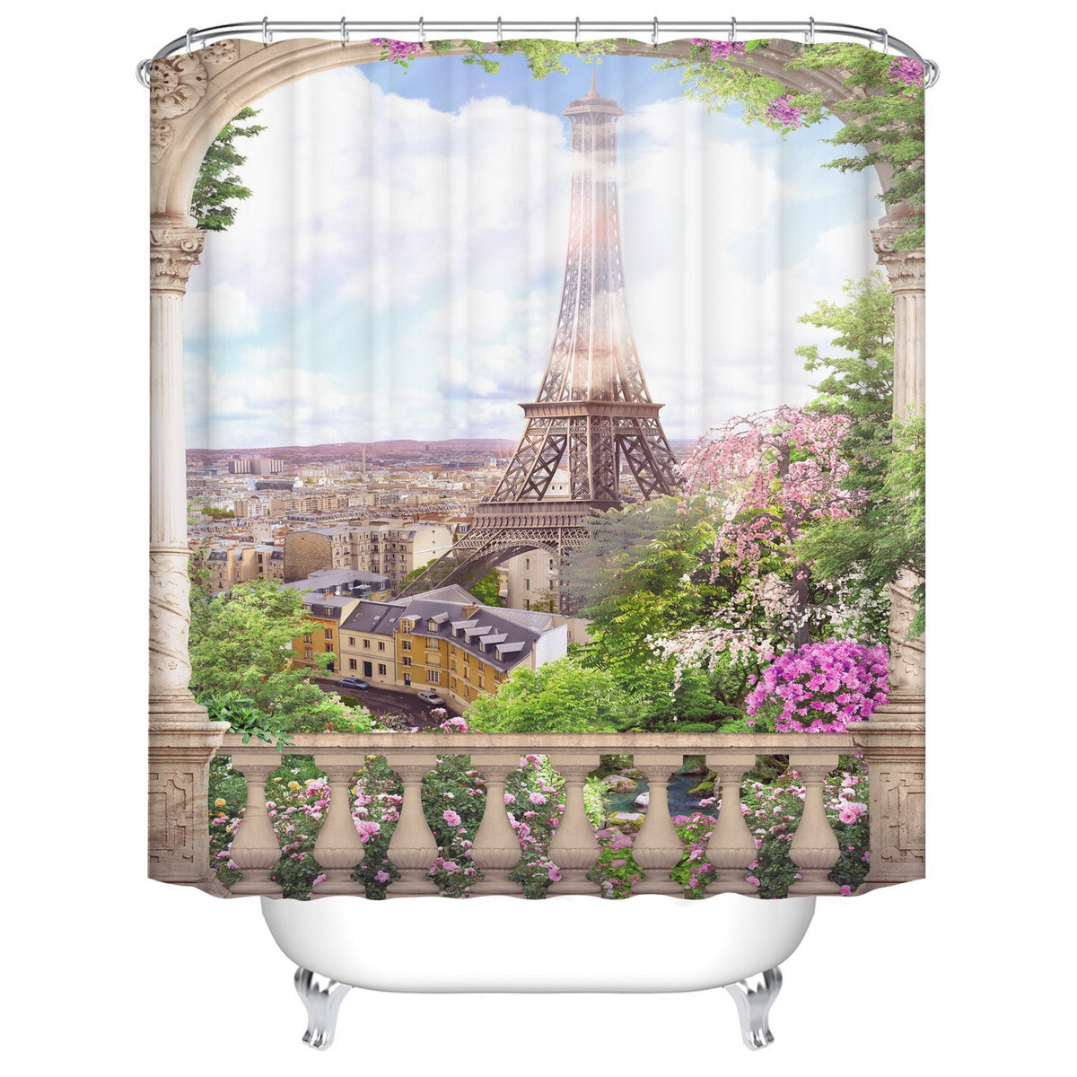 Paris Romantic Flowercovered Balcony with Eiffel Tower Shower Curtain