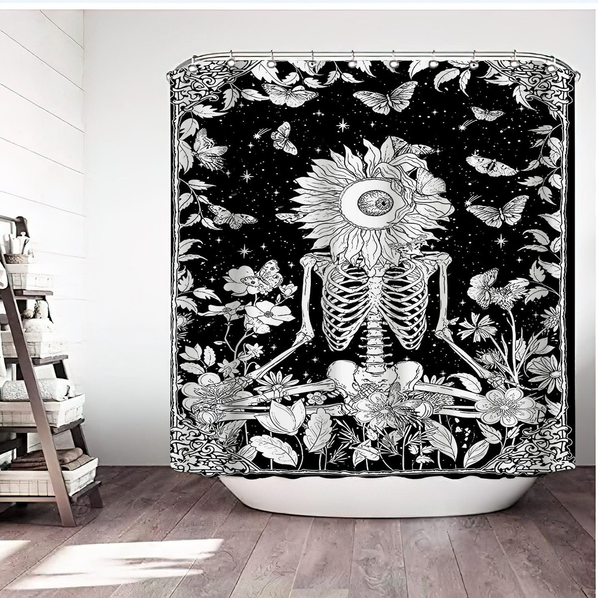 Psychedelic Meditation Skeleton Shower Curtain with Mythic Sun Butterflies