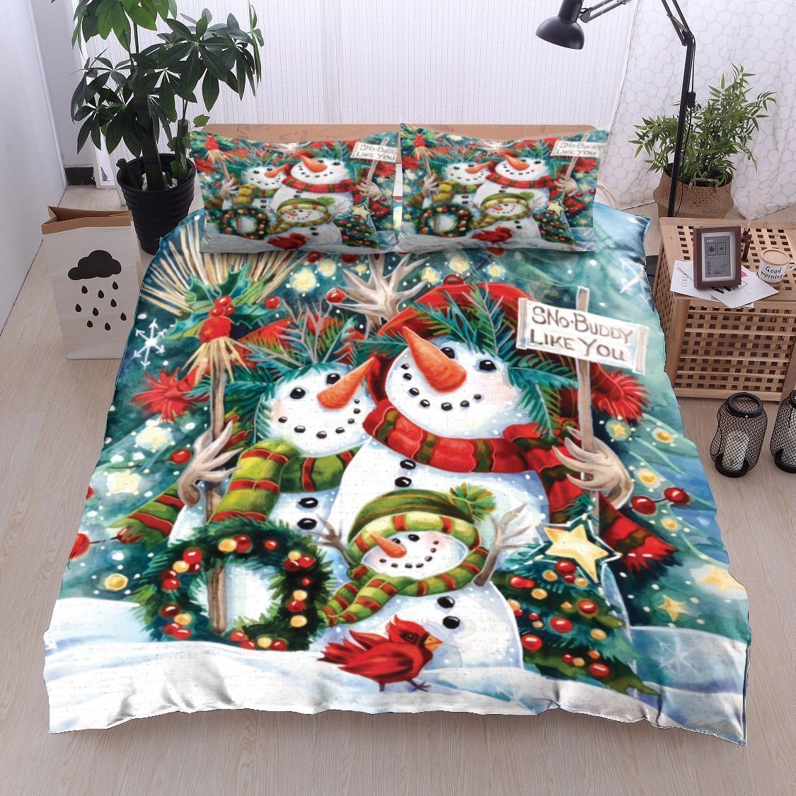 Christmas Snowman Family And Cardinal Bedding Set IYMK