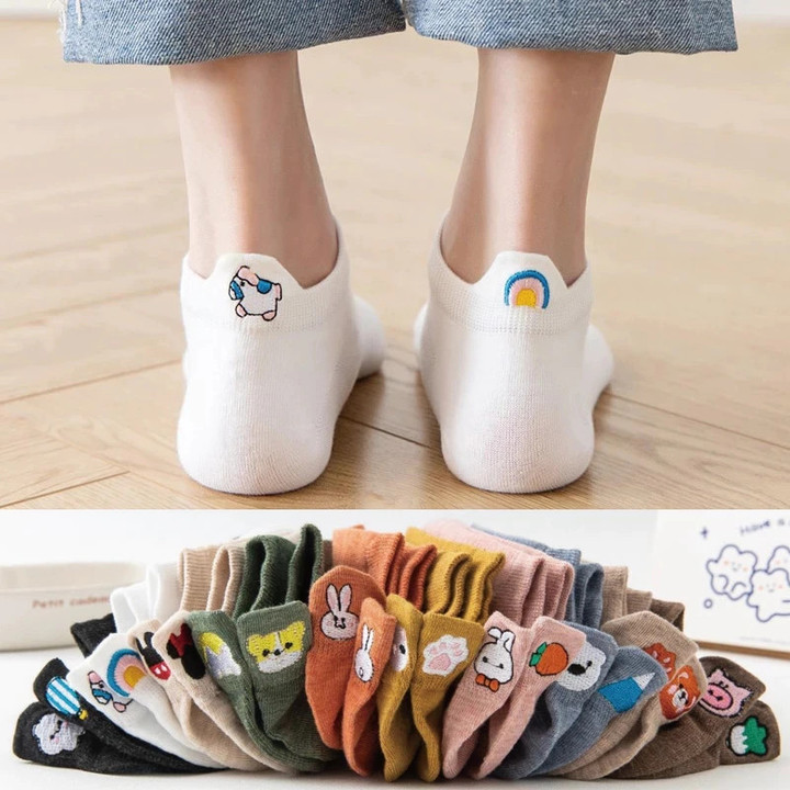 10 Pairs Cute Cat Socks Woman Pack Pure Cotton Animal Embroidery Ankle Cartoon Funny Kawaii Soft Girl Designer Sokken Set Mujer