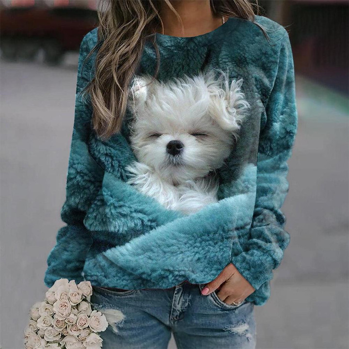 2023 Women's Sweater Pullover T-shirt Fashion Puppy Print Long Sleeve