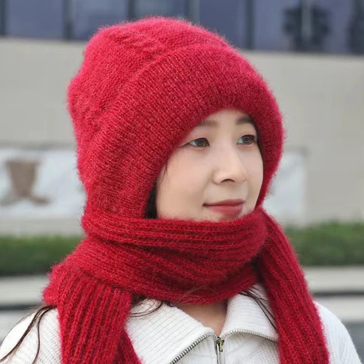 Hat And Scarf All In One Knitted Cap Women Winter Warm Plush Hat Scarf Thermal Hooded Earflap Knitted Soft Cap Faux Fleece
