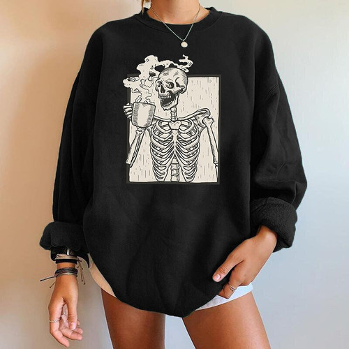 Drinking Tea Skull Skeleton Funny Women Sweatshirts Pullovers Long Sleeve