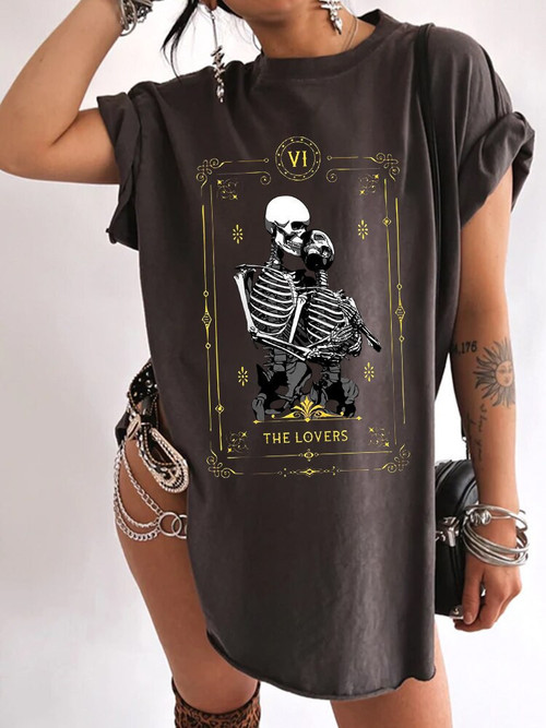 The Lovers Skulls Print T Shirt Short Sleeve, Side Slit Oversized