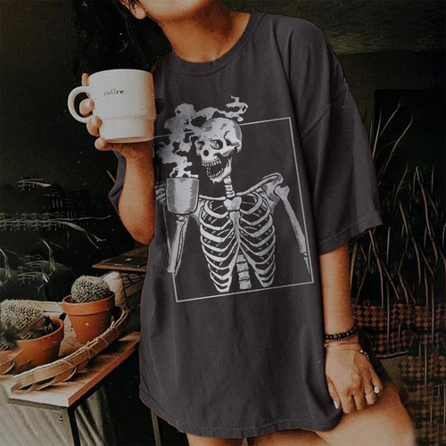 Drop Shoulder Tea-drinking Skull Skeleton T-shirt