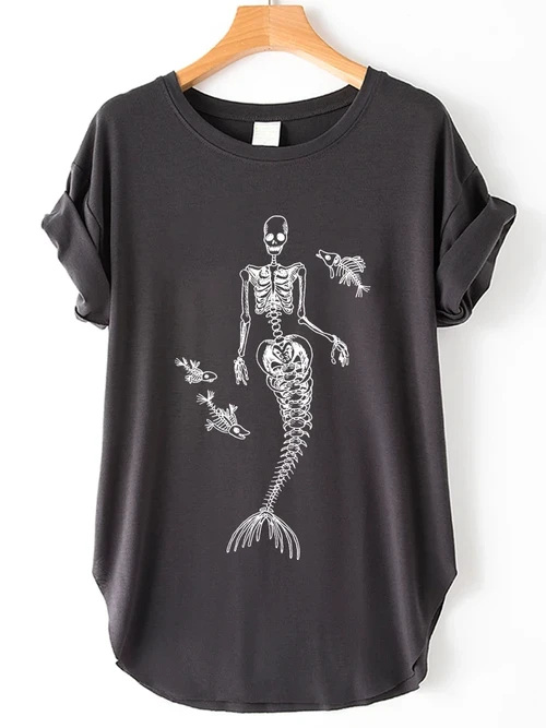 Mermaid Skull Print Women's Side Slit Drop Shoulder T Shirt