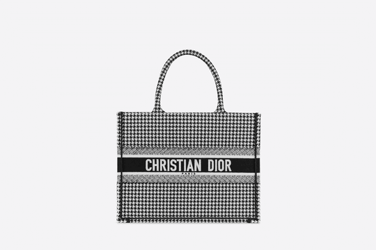 Black and White Houndstooth Embroidery Small Book Tote - Women’s Leather Bag