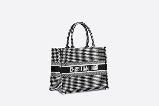 Black and White Houndstooth Embroidery Small Book Tote - Women’s Leather Bag