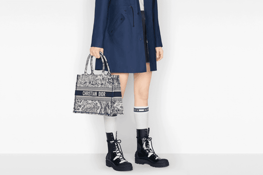 Blue Toile de Jouy Embroidery Small Book Tote - Women’s Leather Bag